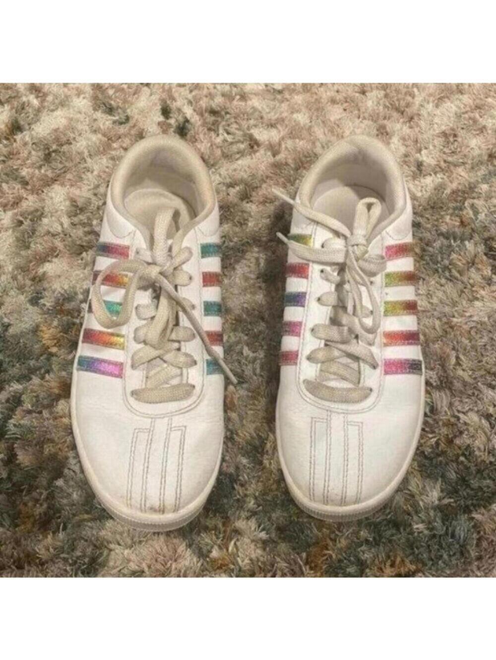 KSwiss white leather upper rainbow holographic Striped low top lace up sneaker